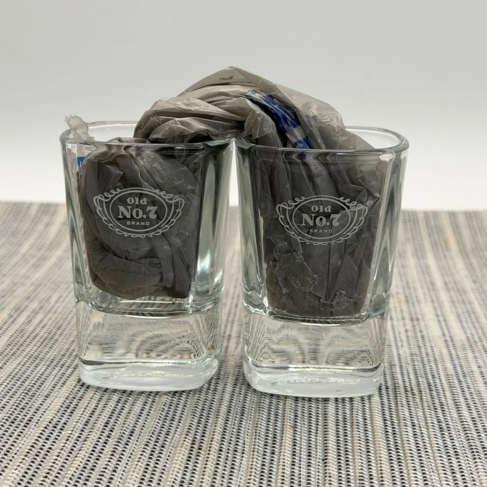 Jack Daniels Old No 7 Shot Glass Set of 2 Square Base Clear Etched Logo Barware